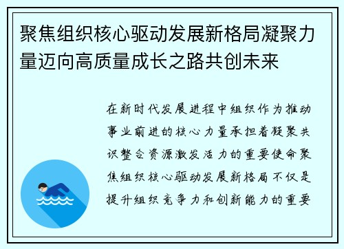 聚焦组织核心驱动发展新格局凝聚力量迈向高质量成长之路共创未来